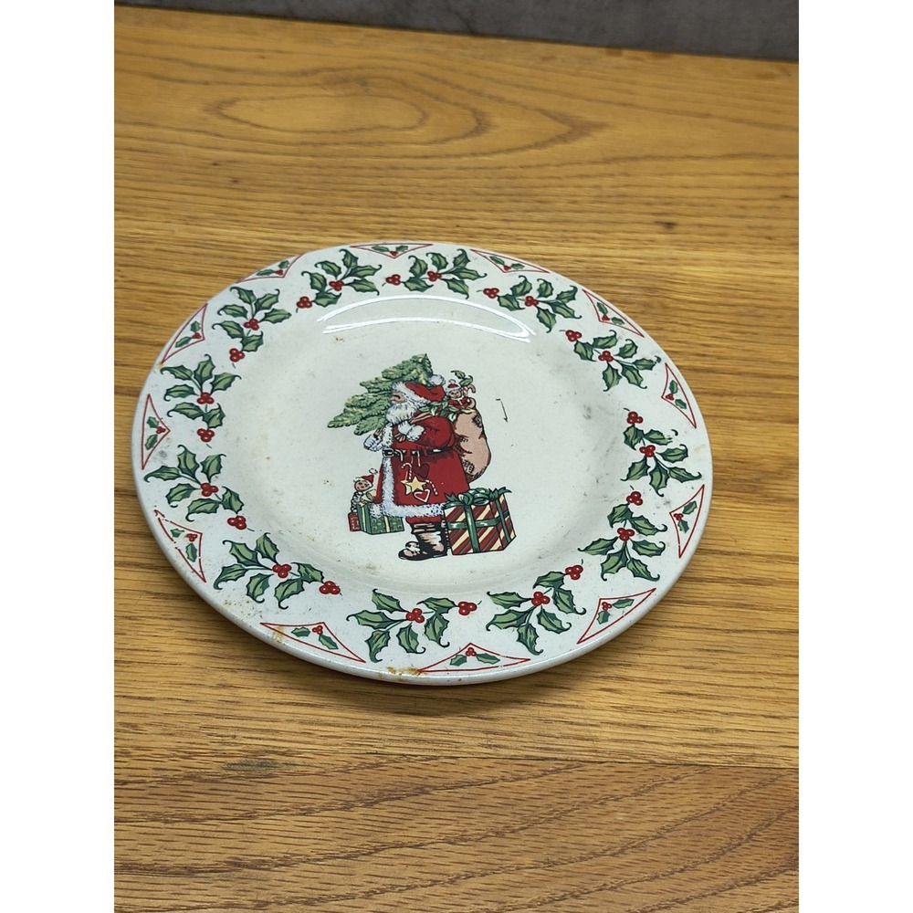 Vintage Gibson‎ Salad Plate with Santa Claus Holding Christmas Tree & Holly